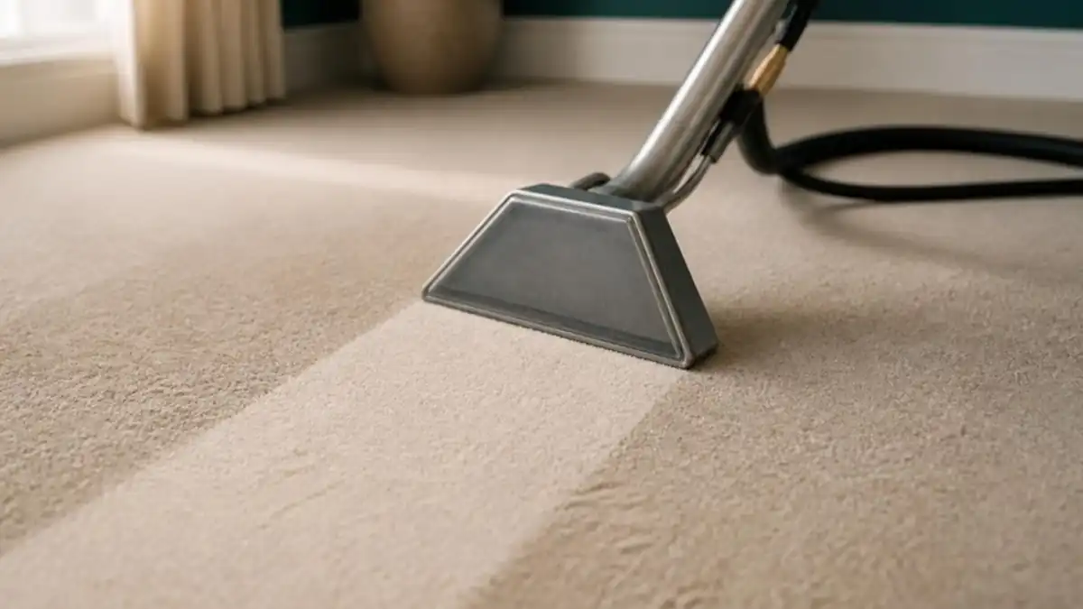 Illustration: a steam cleaning wand leaving a clean stripe across a beige carpet